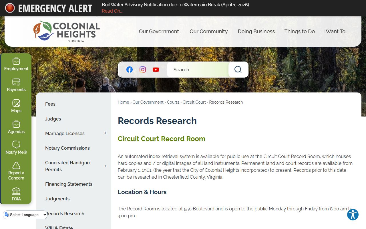 Colonial Heights records research page divorce