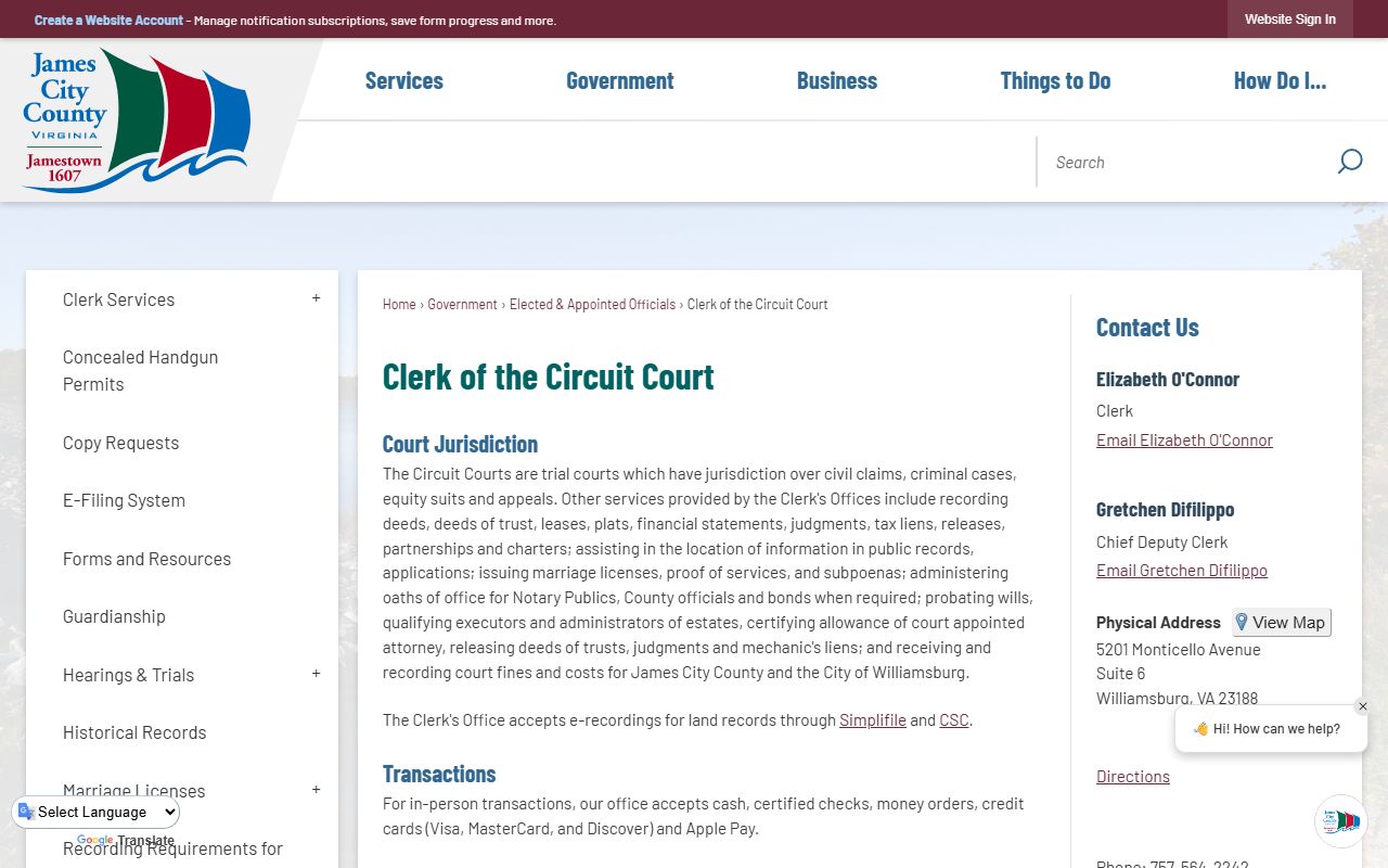 Williamsburg Virginia divorce records James City County circuit court clerk