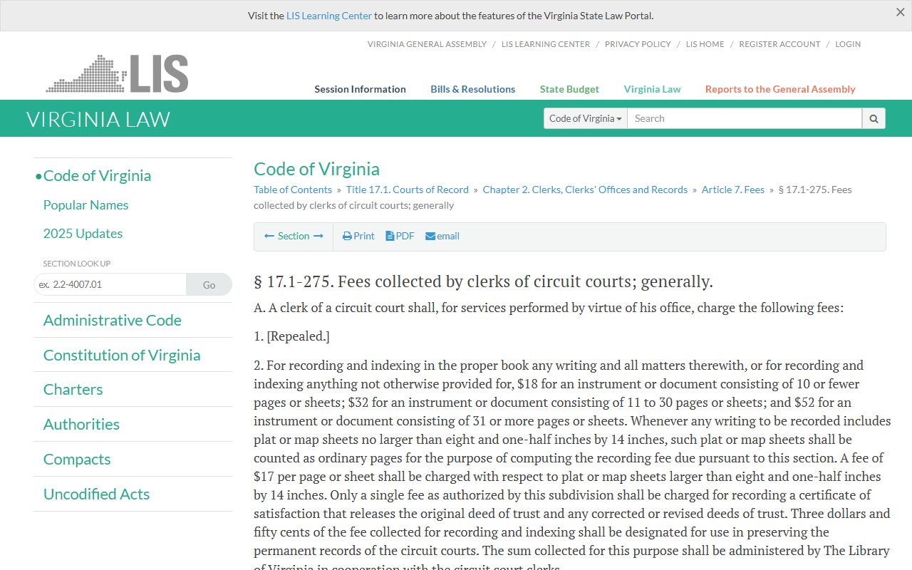 Virginia Code fees collected by clerks of circuit courts divorce records