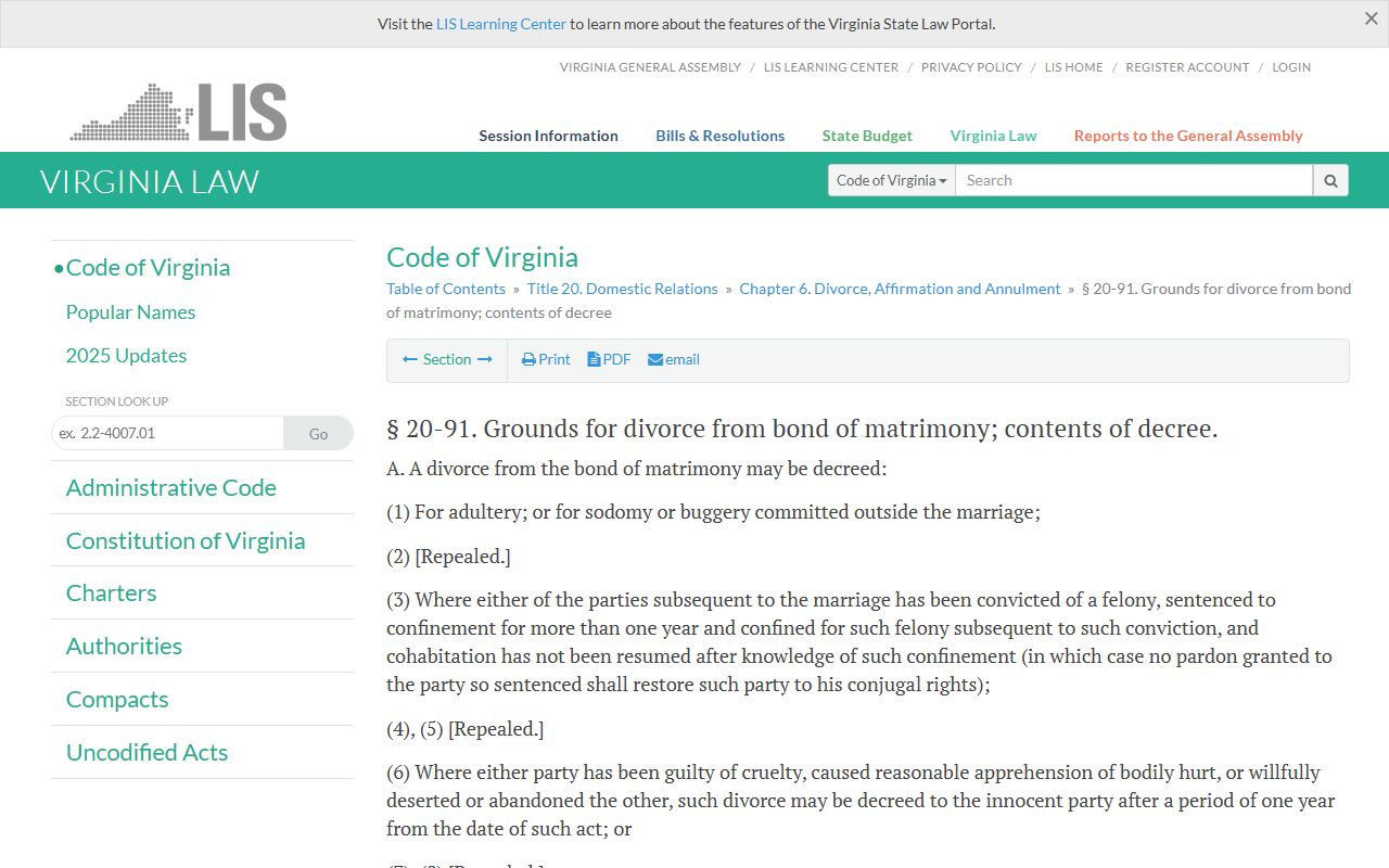 Virginia Code section 20-91 grounds for divorce