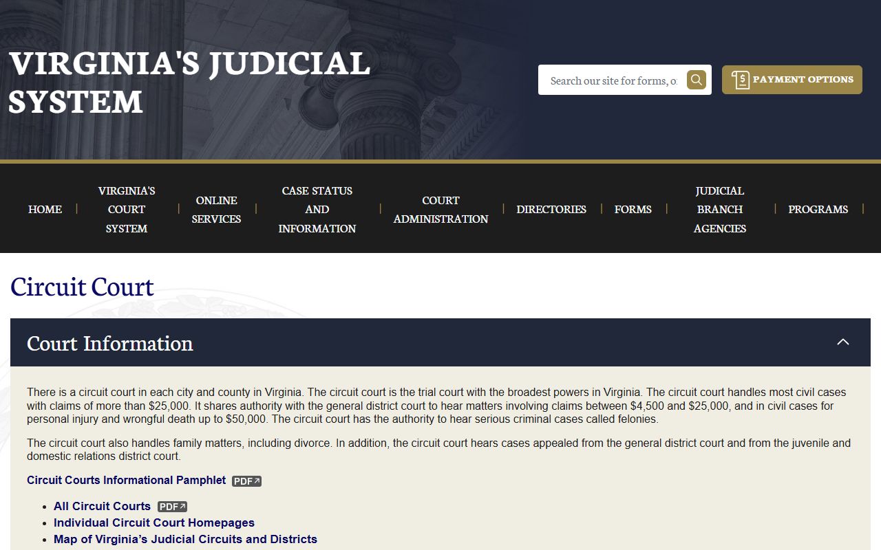 Virginia Courts Circuit Court information page for searching divorce records