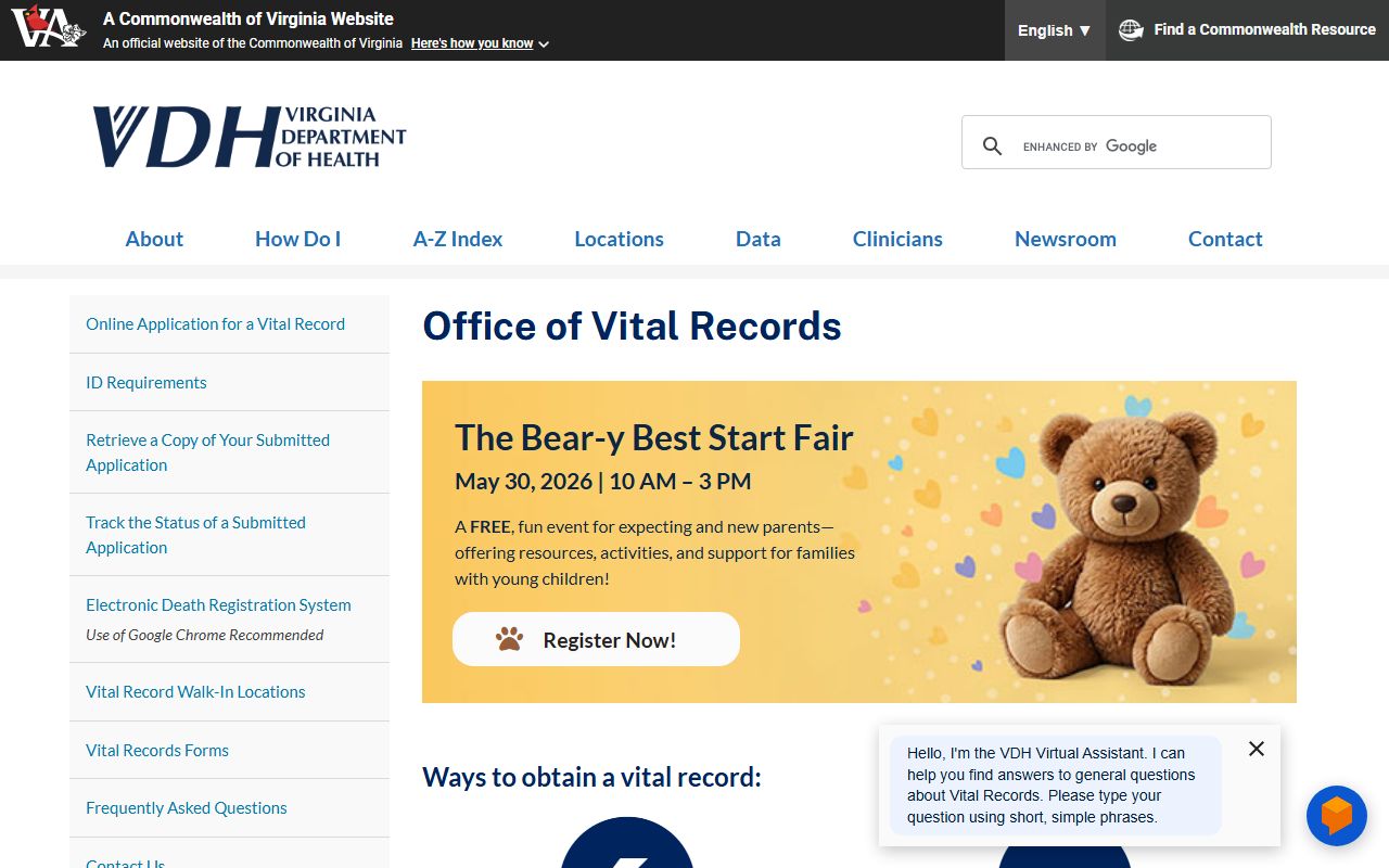 Virginia Department of Health Office of Vital Records divorce records