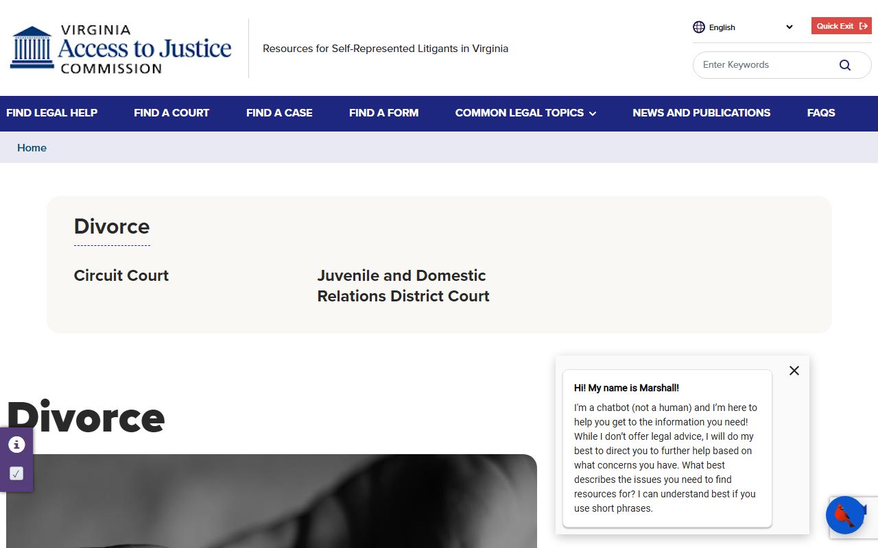 Virginia Judicial System Court Self-Help divorce records guide